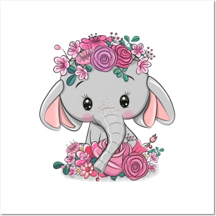 Cute little elephant with flowers on his head. Posters and Art